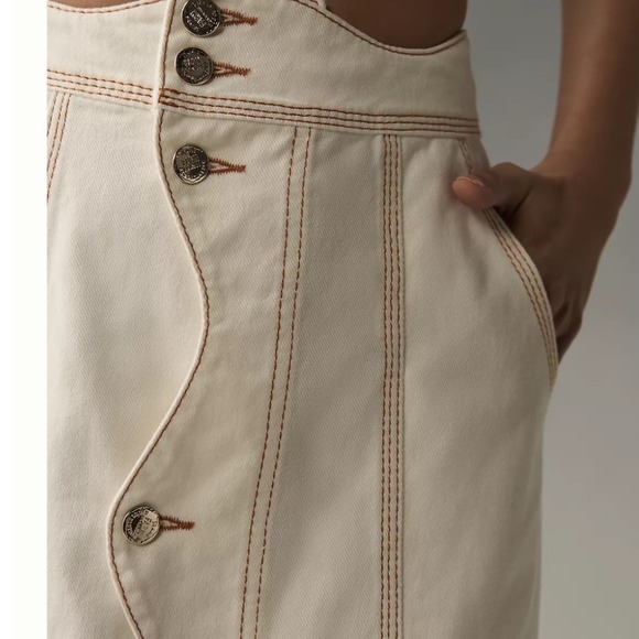 Farm Rio Denim Wave Maxi Skirt Off-White Contrast Stitch Button Front Size 24 - Picture 3 of 6